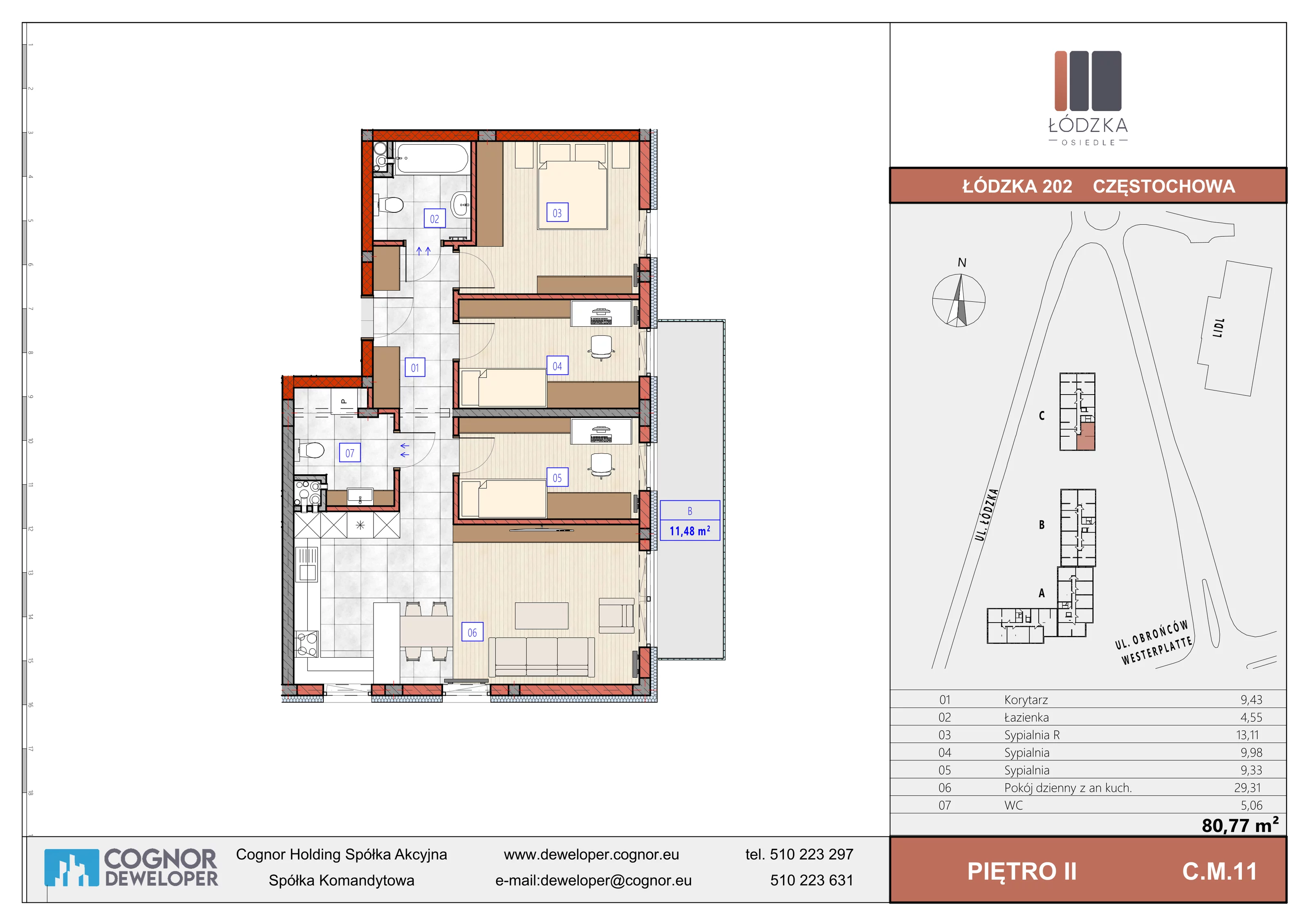 4 pokoje, mieszkanie 80,77 m², piętro 2, oferta nr C.M.11, Łódzka Osiedle, Częstochowa, Częstochówka-Parkitka, ul. Łódzka 198, 200, 202